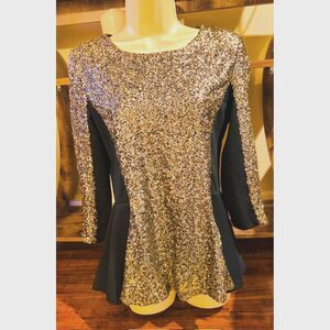 Eros Apparel NY Women Gold-Black Festive Party Sequins Peplum 3/4 Sleeves Top M